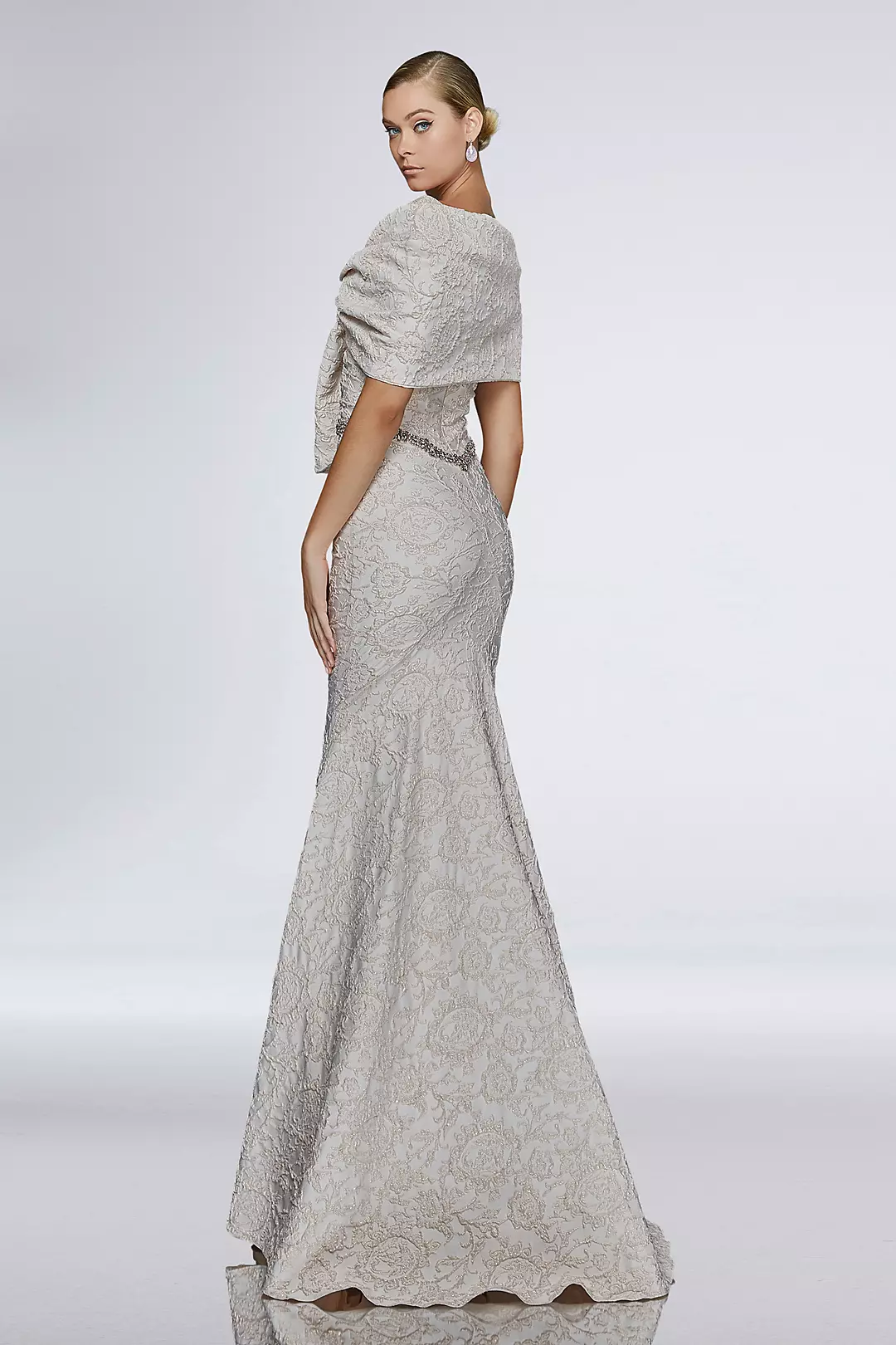 Stretch Jacquard Tank Gown with Knotted Shawl | David's Bridal