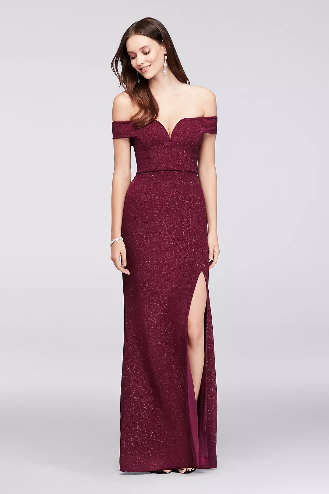 V-Wire Off-The-Shoulder Glitter Knit Gown Image