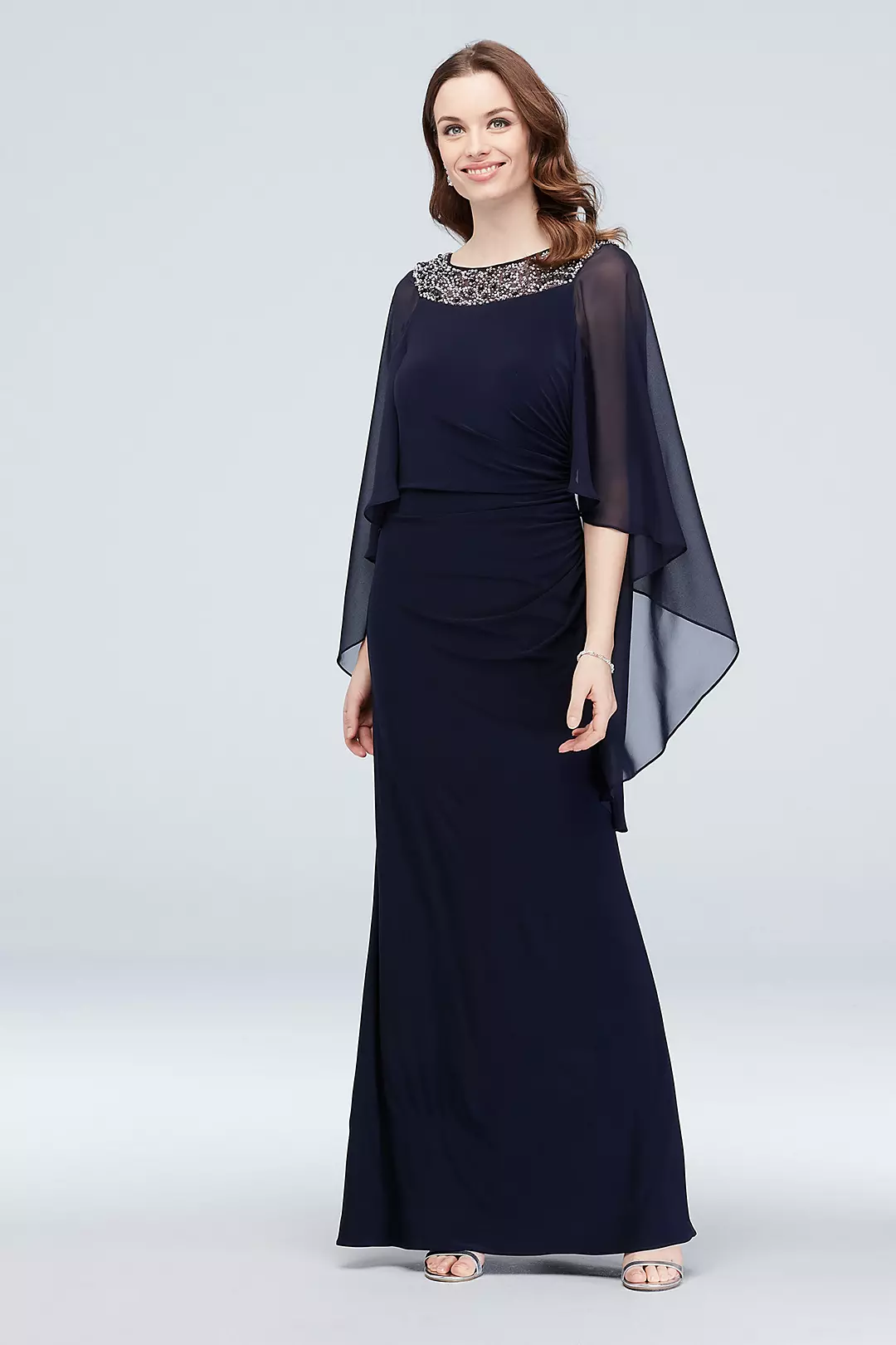 Embellished Neck Drape Sleeve Gown with Ruching Image