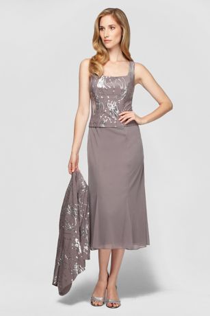 Sequined Chiffon Tea-Length Petite Jacket Dress | David's Bridal