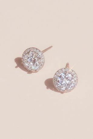 Solitaire-Cut Crystal Stud Earrings with Pave Halo | David's Bridal