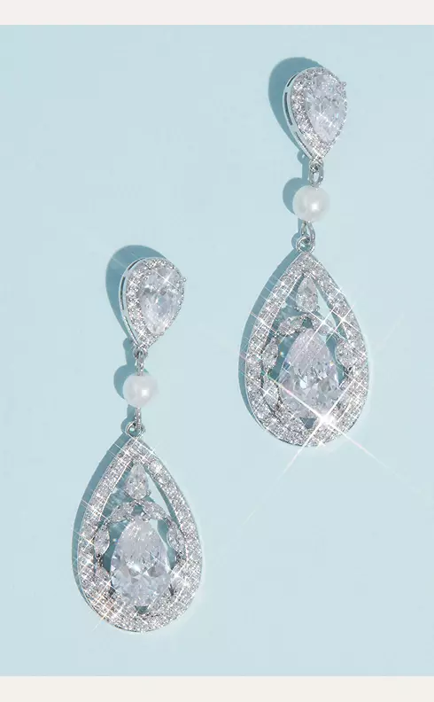 Teardrop Crystal Haloed Drop Earrings with Pearl Image 1