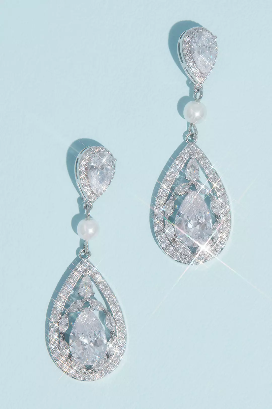 Teardrop Crystal Haloed Drop Earrings with Pearl Image