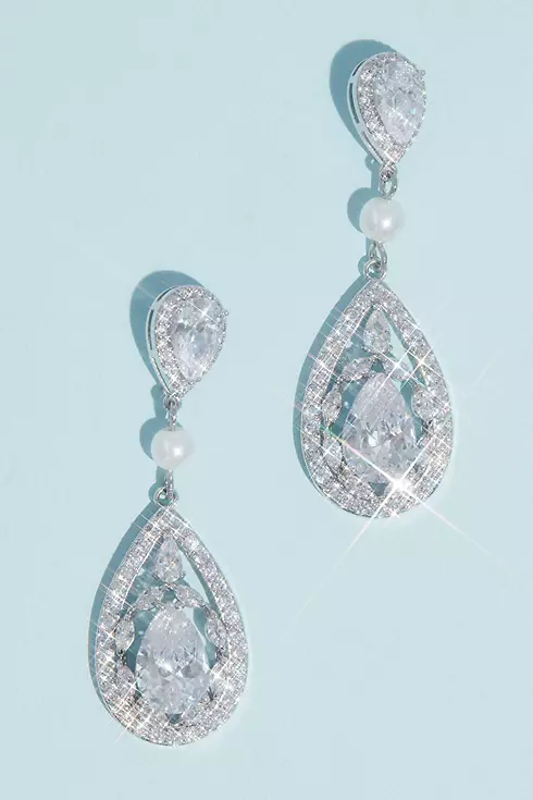 Teardrop Crystal Haloed Drop Earrings with Pearl Image 1