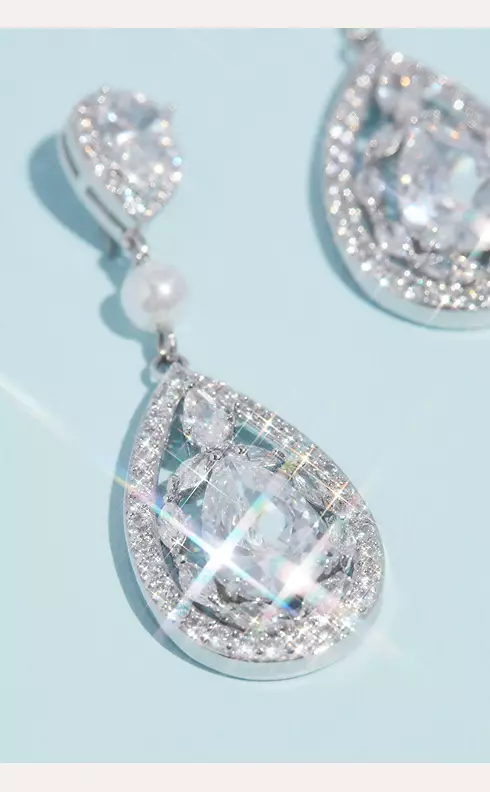 Teardrop Crystal Haloed Drop Earrings with Pearl Image 2