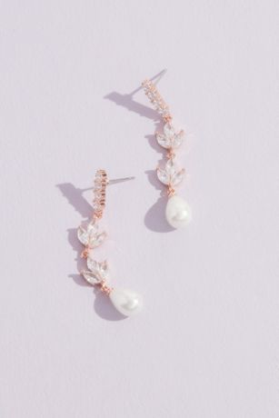 Leafy Crystal and Faux Pearl Droplet Earrings