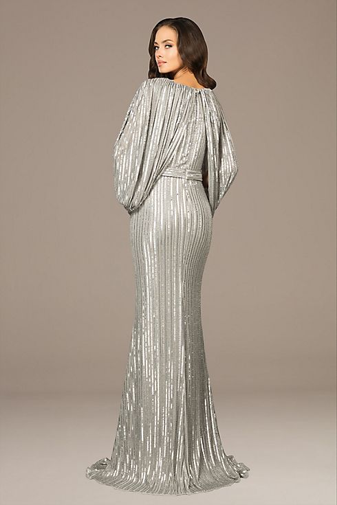 Plunging Cape-Sleeve Linear Sequin Gown Image 2