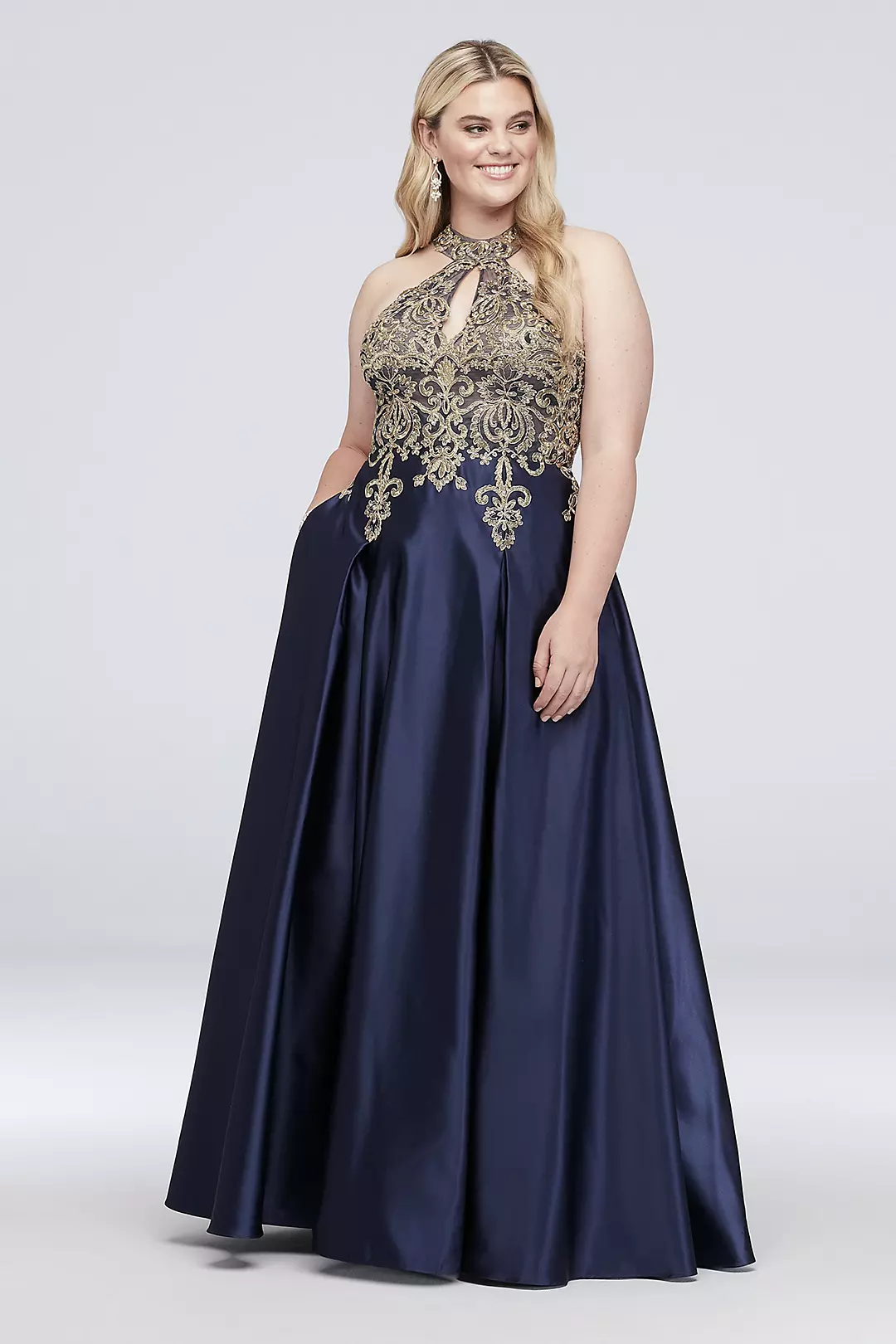 Metallic Lace and Satin Round Neck Ball Gown Image