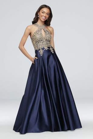 dark blue and gold prom dress