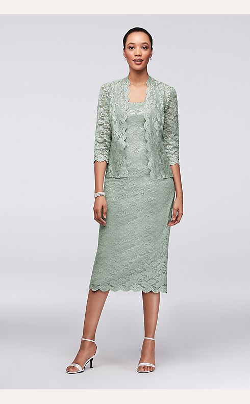 Scalloped Lace Tea-Length Petite Dress and Jacket | David's Bridal