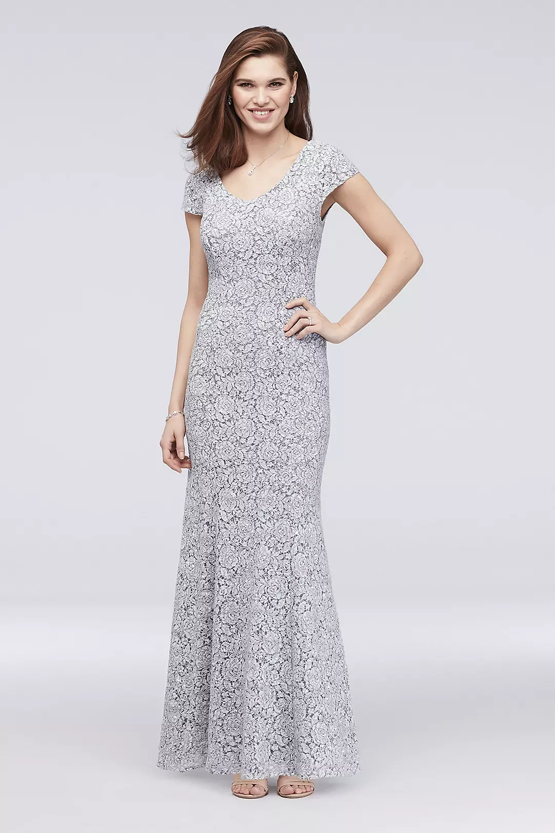 Lace Mermaid Petite Dress with Floral Piping  Image