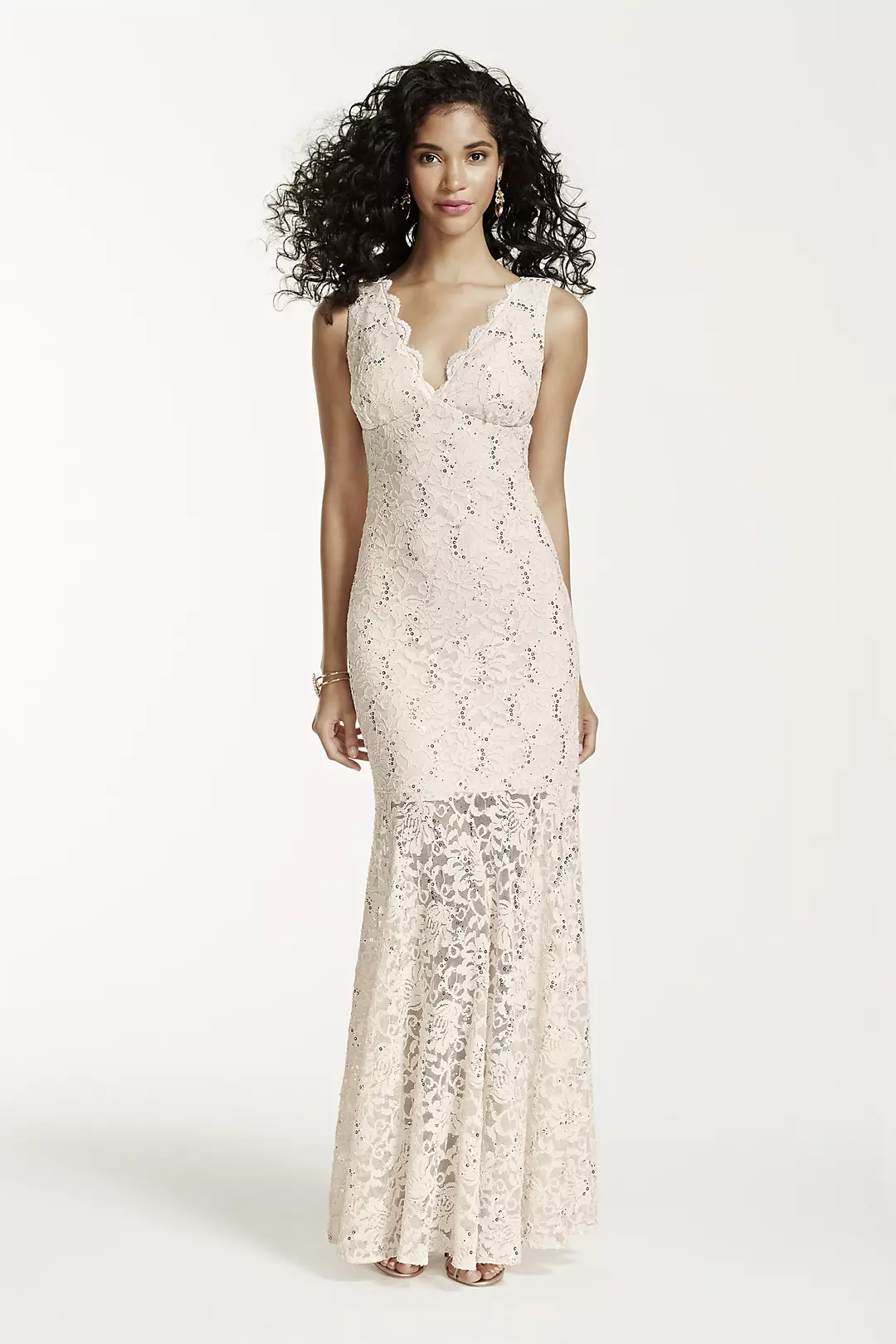 Long V Neck Stretch Lace and Sequin Dress Image