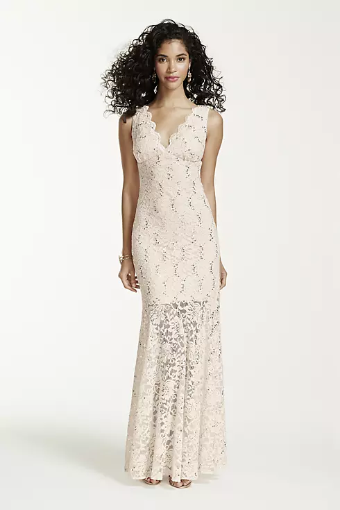 Long V Neck Stretch Lace and Sequin Dress Image 1