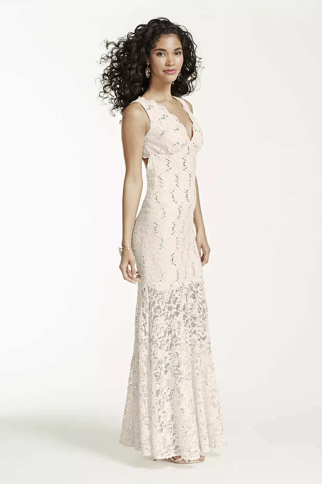 Long V Neck Stretch Lace and Sequin Dress Image 3
