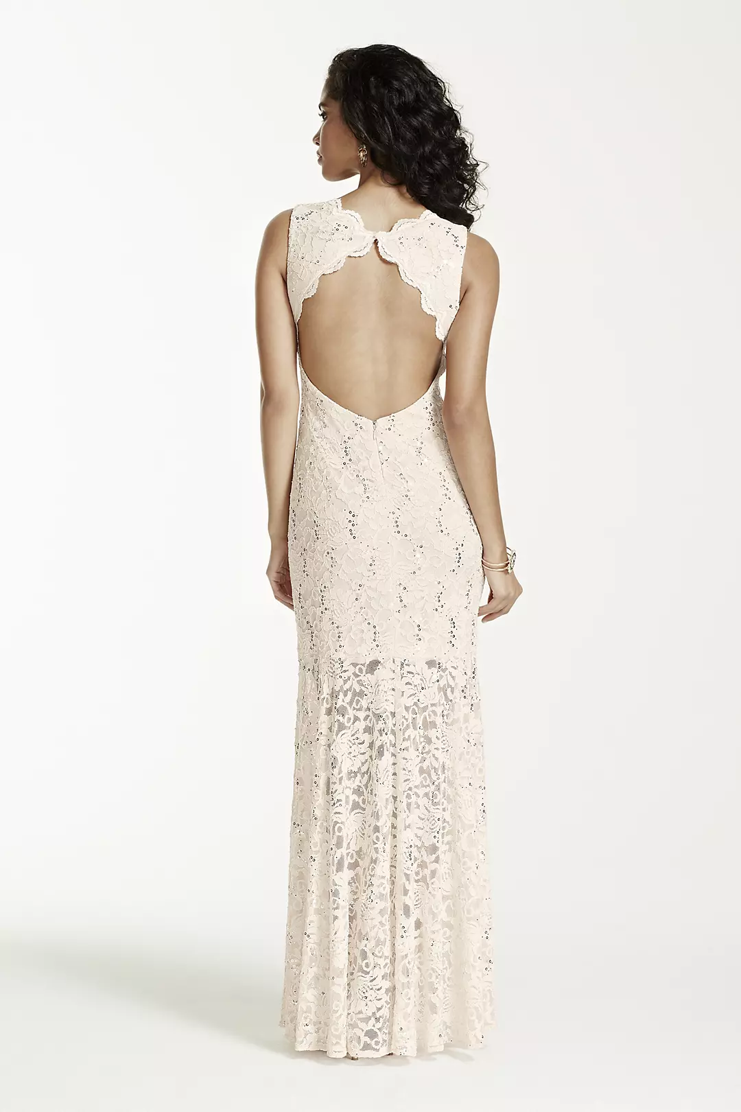 Long V Neck Stretch Lace and Sequin Dress Image 2