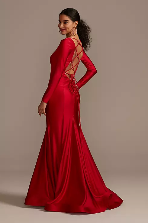 Long Sleeve Sateen Mermaid Gown with Lace-Up Back Image 2