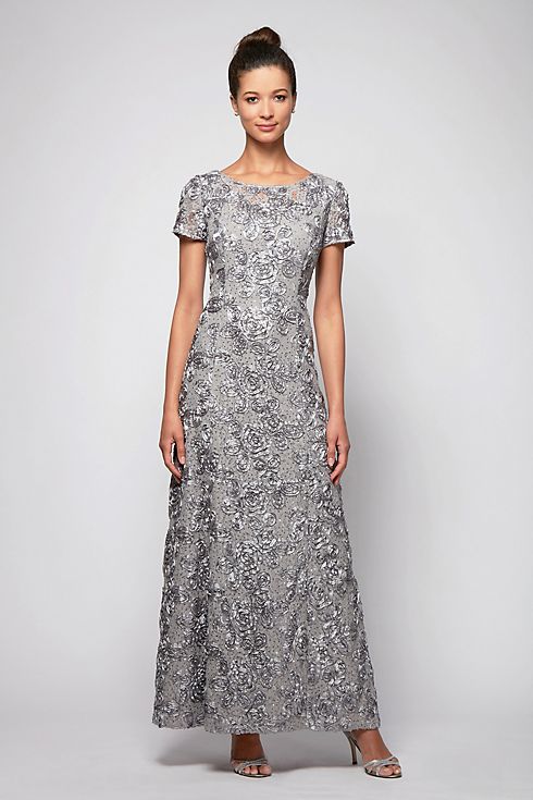 Rosette Lace Cap Sleeve A-Line Petite Gown Image 1