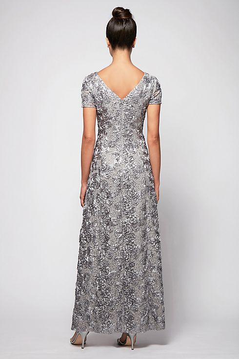 Rosette Lace Cap Sleeve A-Line Petite Gown Image 2