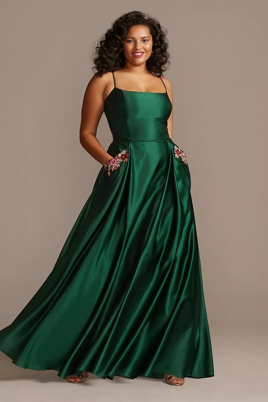 Satin Double Strap Gown with Floral Pockets Image