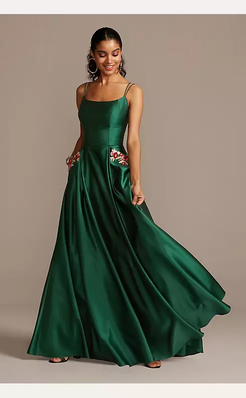 Satin Double Strap Gown with Floral Pockets