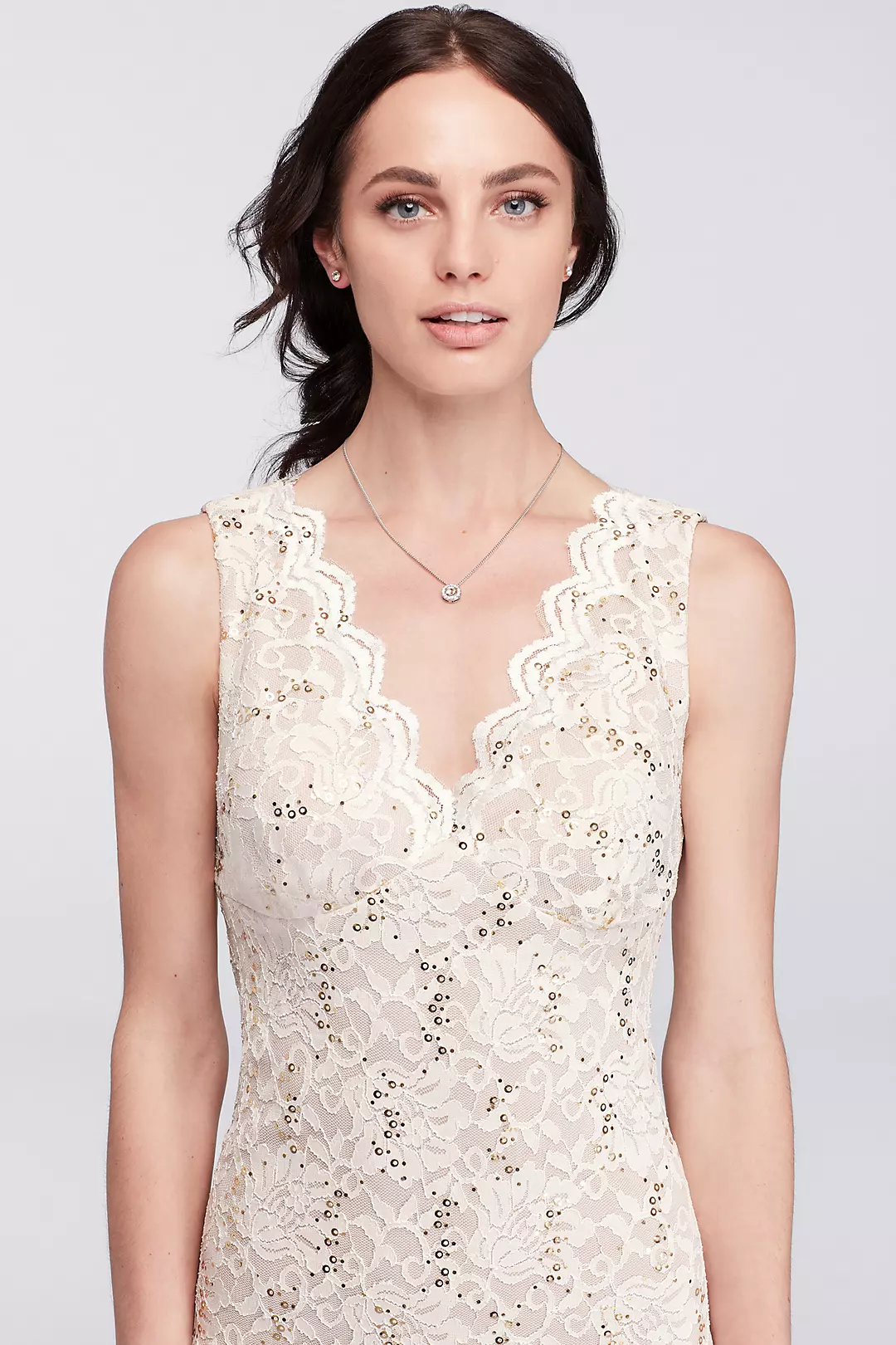 Sequin Lace Short Dress with Scalloped Open Back Image 3