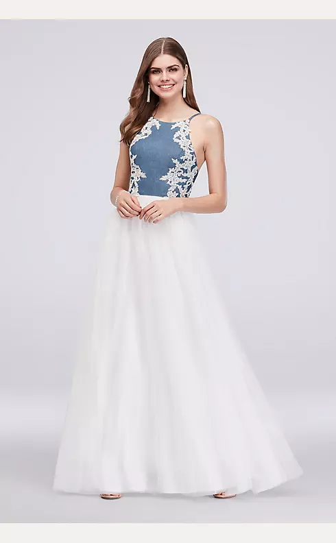 High-Neck Embroidered Denim and Mesh Ball Gown Image 1