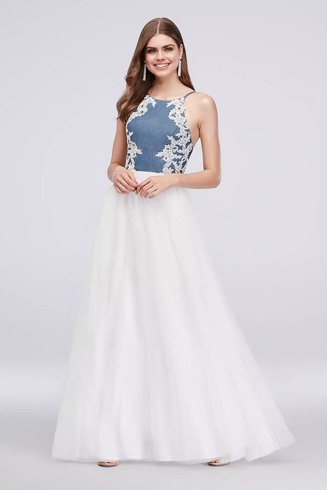 High-Neck Embroidered Denim and Mesh Ball Gown Image