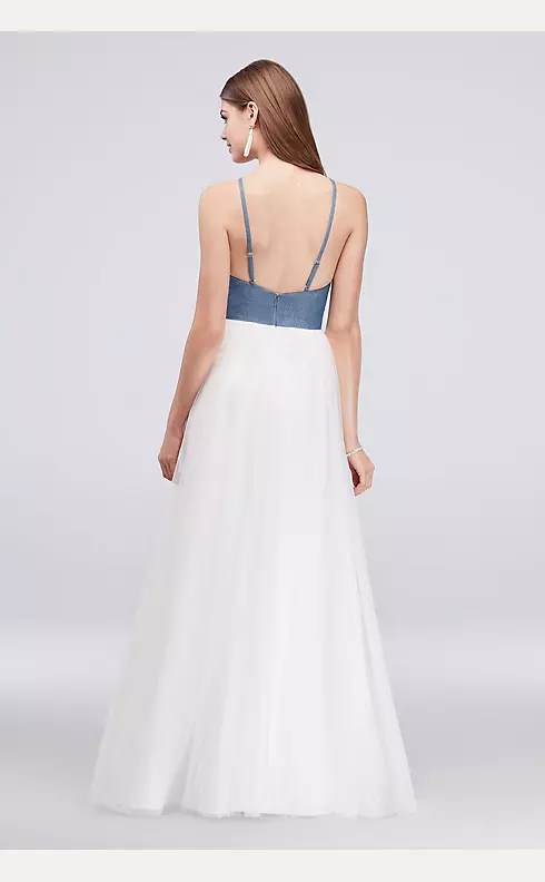 High-Neck Embroidered Denim and Mesh Ball Gown Image 2