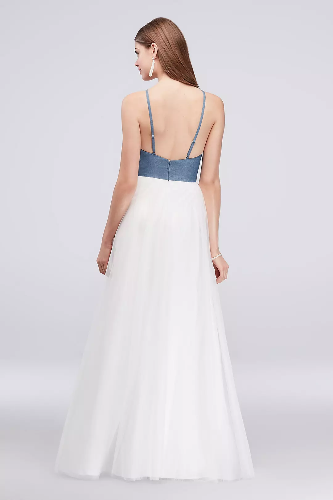 High-Neck Embroidered Denim and Mesh Ball Gown Image 2