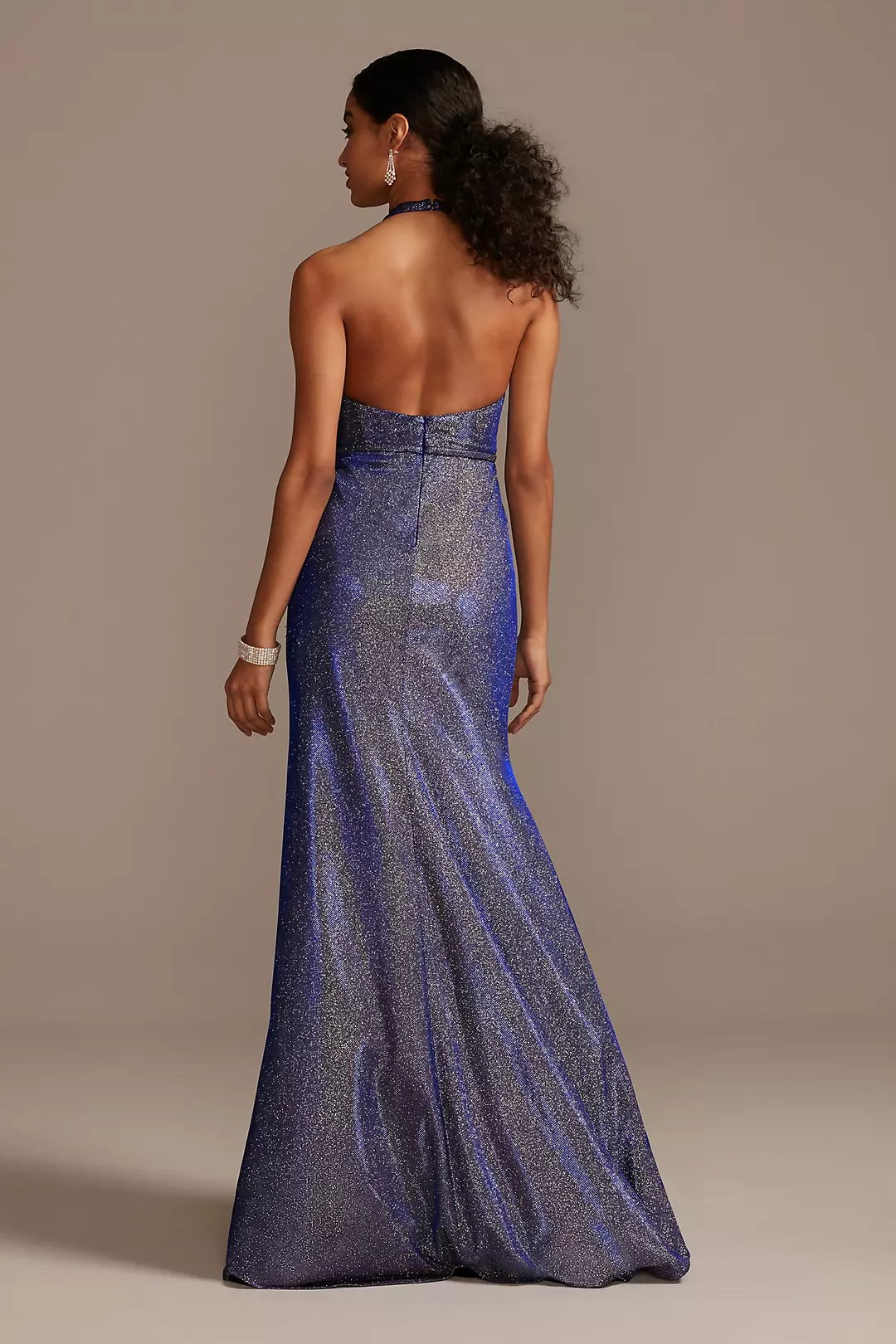 Metallic Glitter Halter Gown with Ruched Slit Image 2