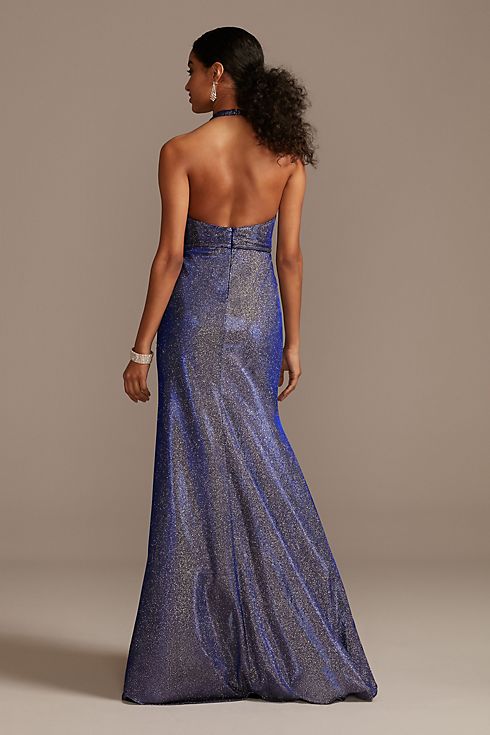 Metallic Glitter Halter Gown with Ruched Slit Image 4