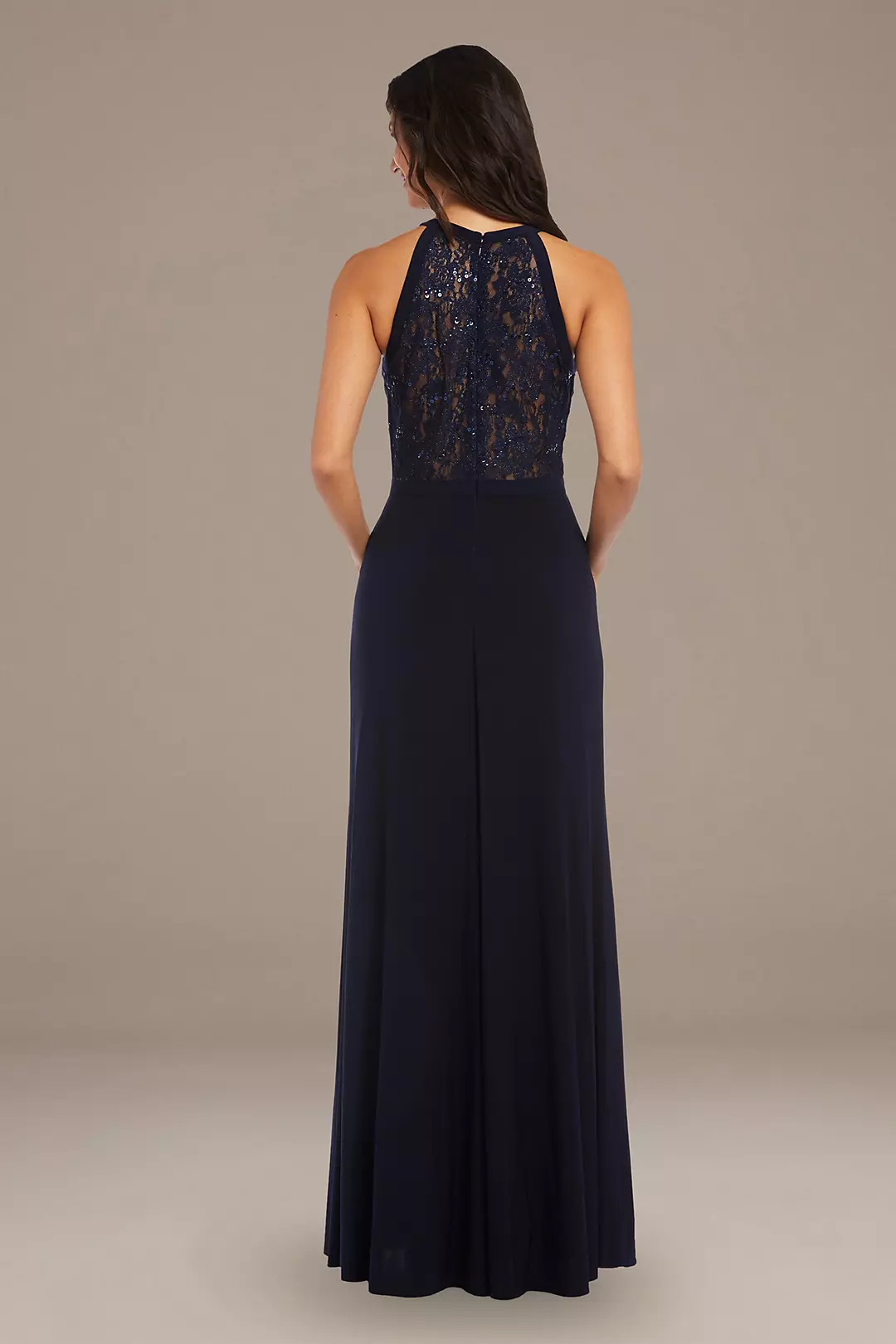 Long Halter Lace Dress with Illusion Cutout Image 2