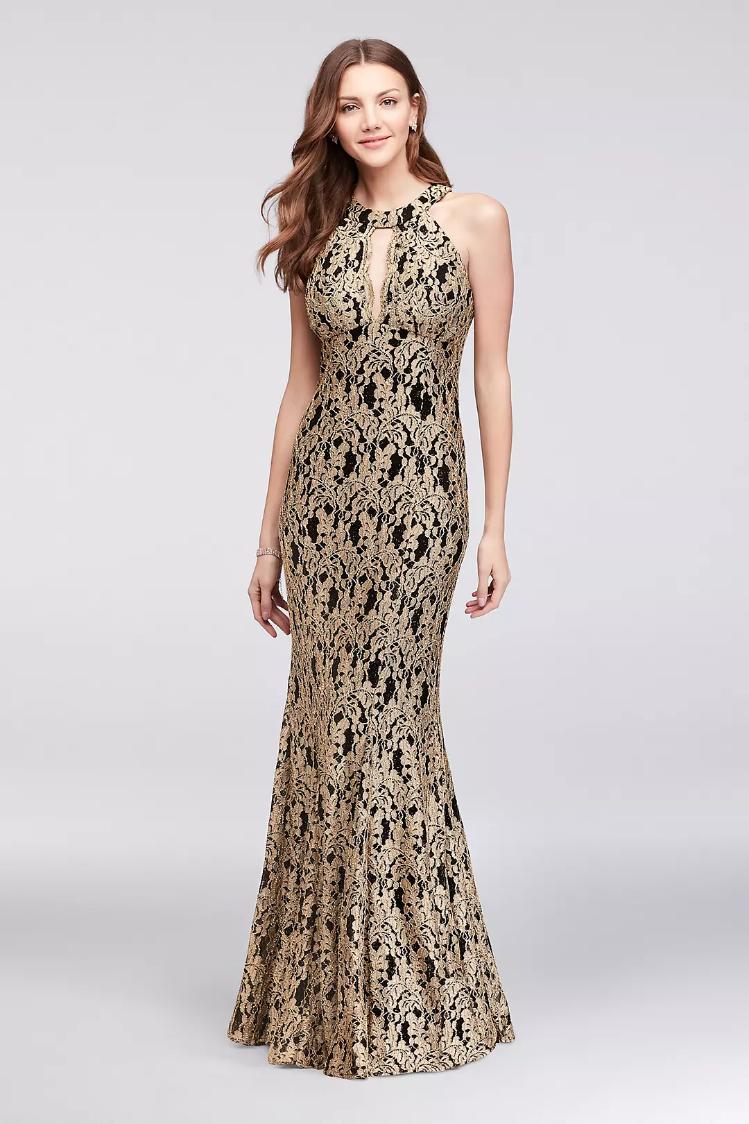 Gold Lace High-Neck Halter Mermaid Gown Image
