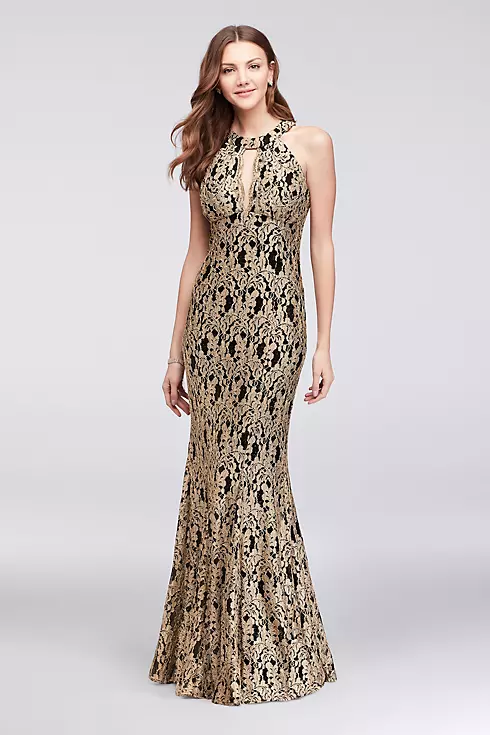 Gold Lace High-Neck Halter Mermaid Gown Image 1