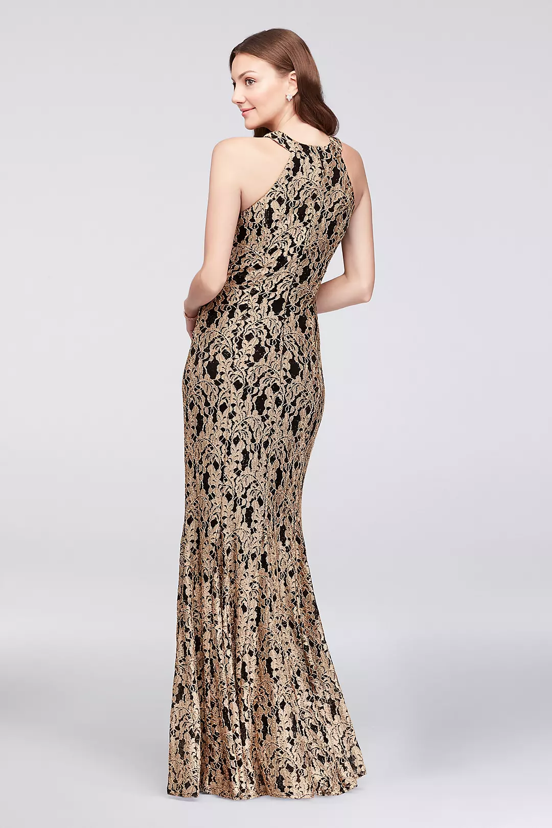 Gold Lace High-Neck Halter Mermaid Gown | David's Bridal