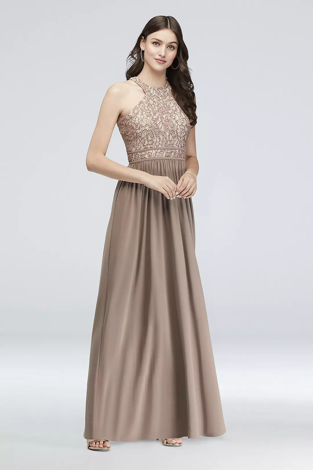 Round-Neck Lace and Jersey Halter A-Line Gown Image