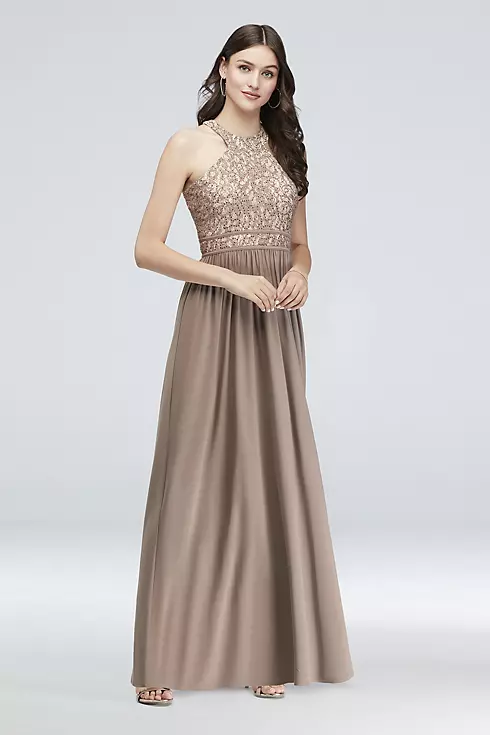 Round-Neck Lace and Jersey Halter A-Line Gown Image 1