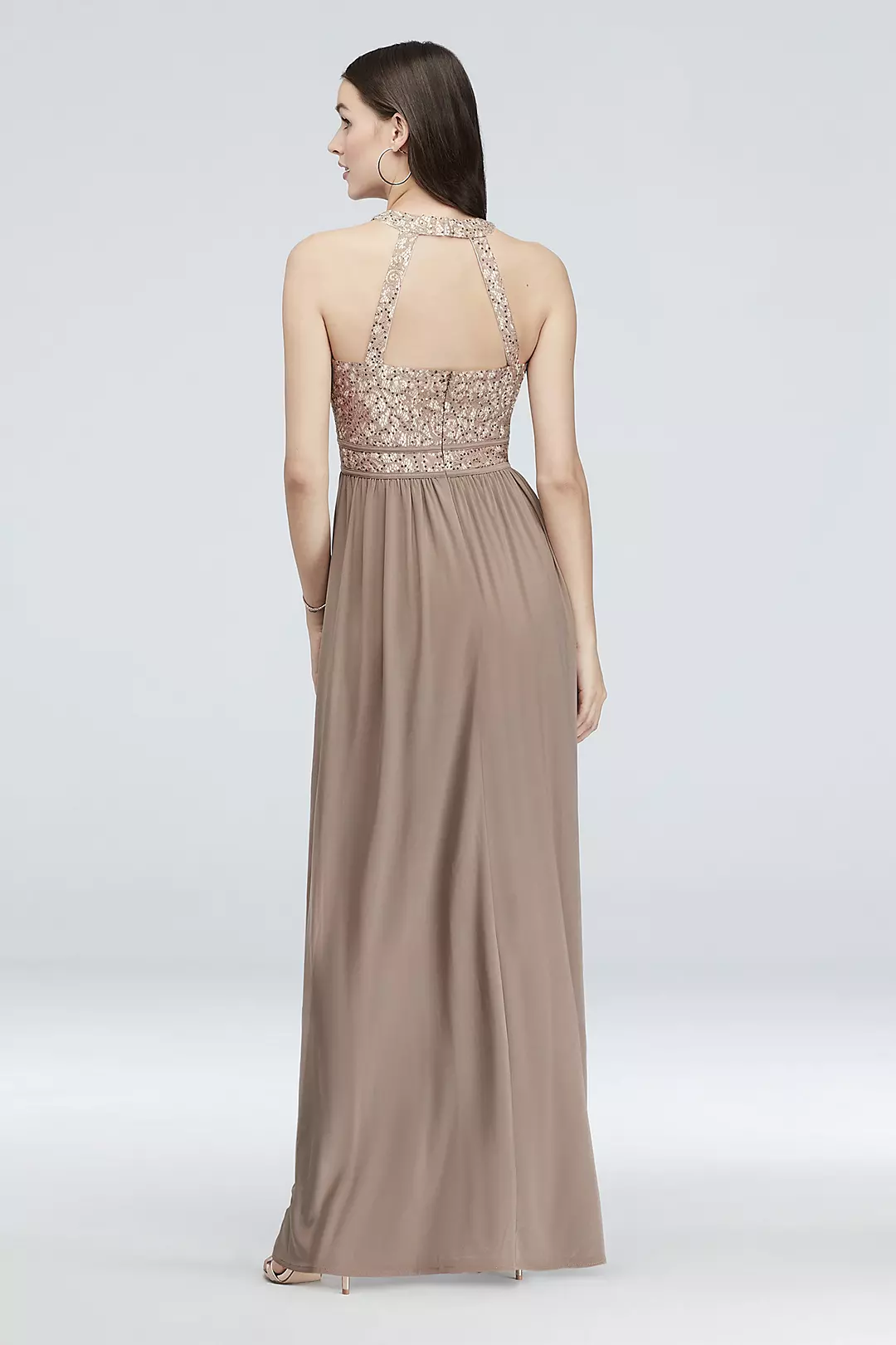 Round-Neck Lace and Jersey Halter A-Line Gown Image 2