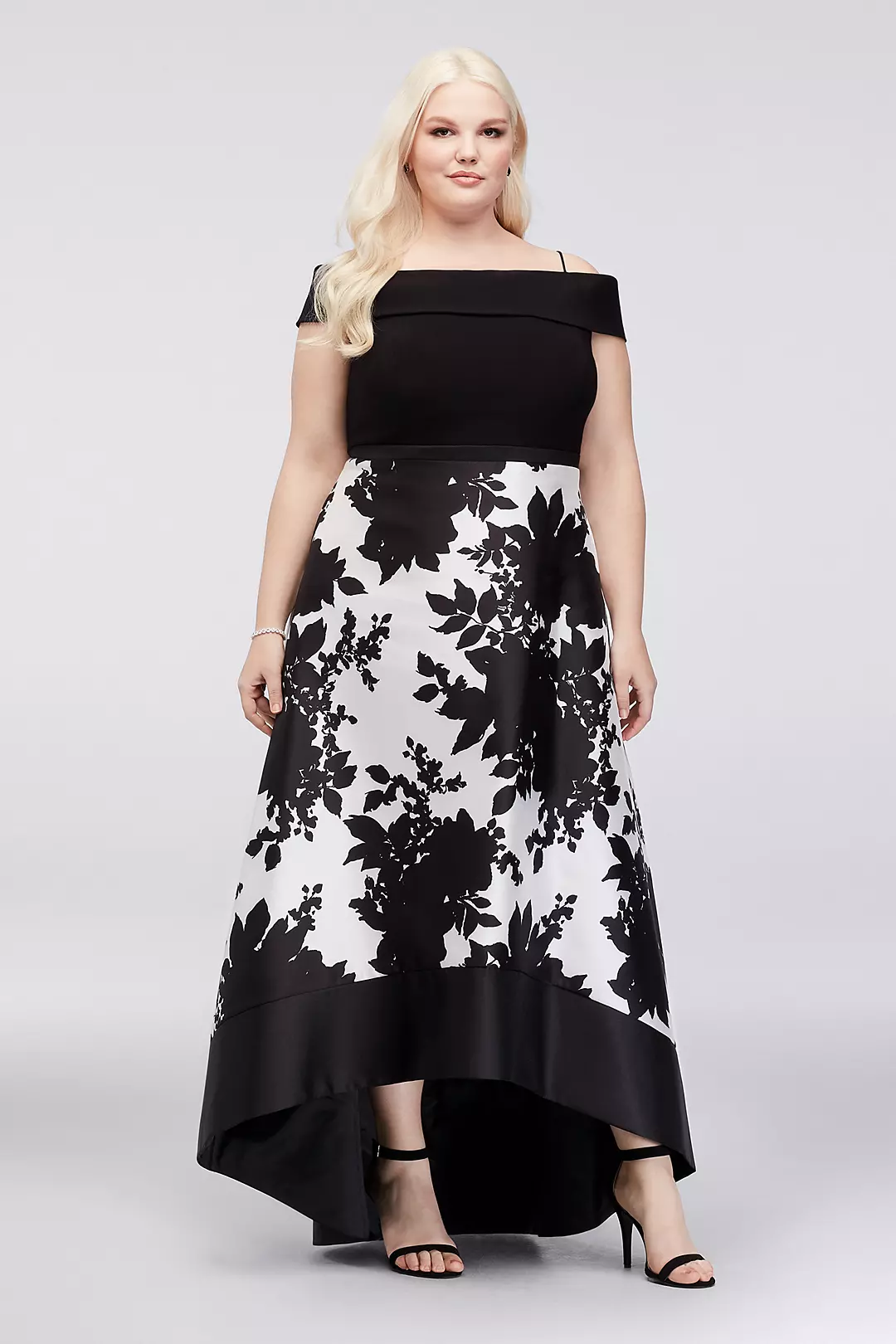 Off-the-Shoulder Ball Gown with Floral Print Skirt Image