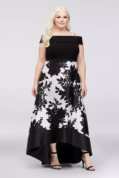 Off-the-Shoulder Ball Gown with Floral Print Skirt Image 1
