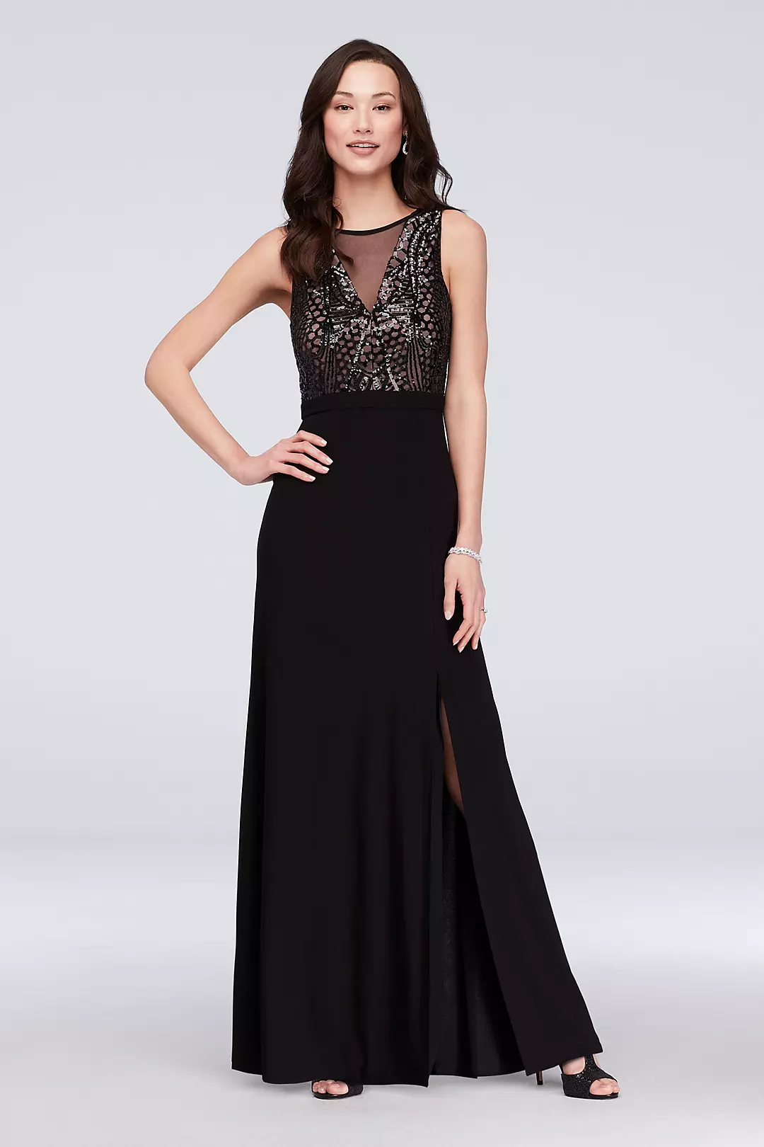  V-Neckline with Sequin Bodice Sheath Gown Image