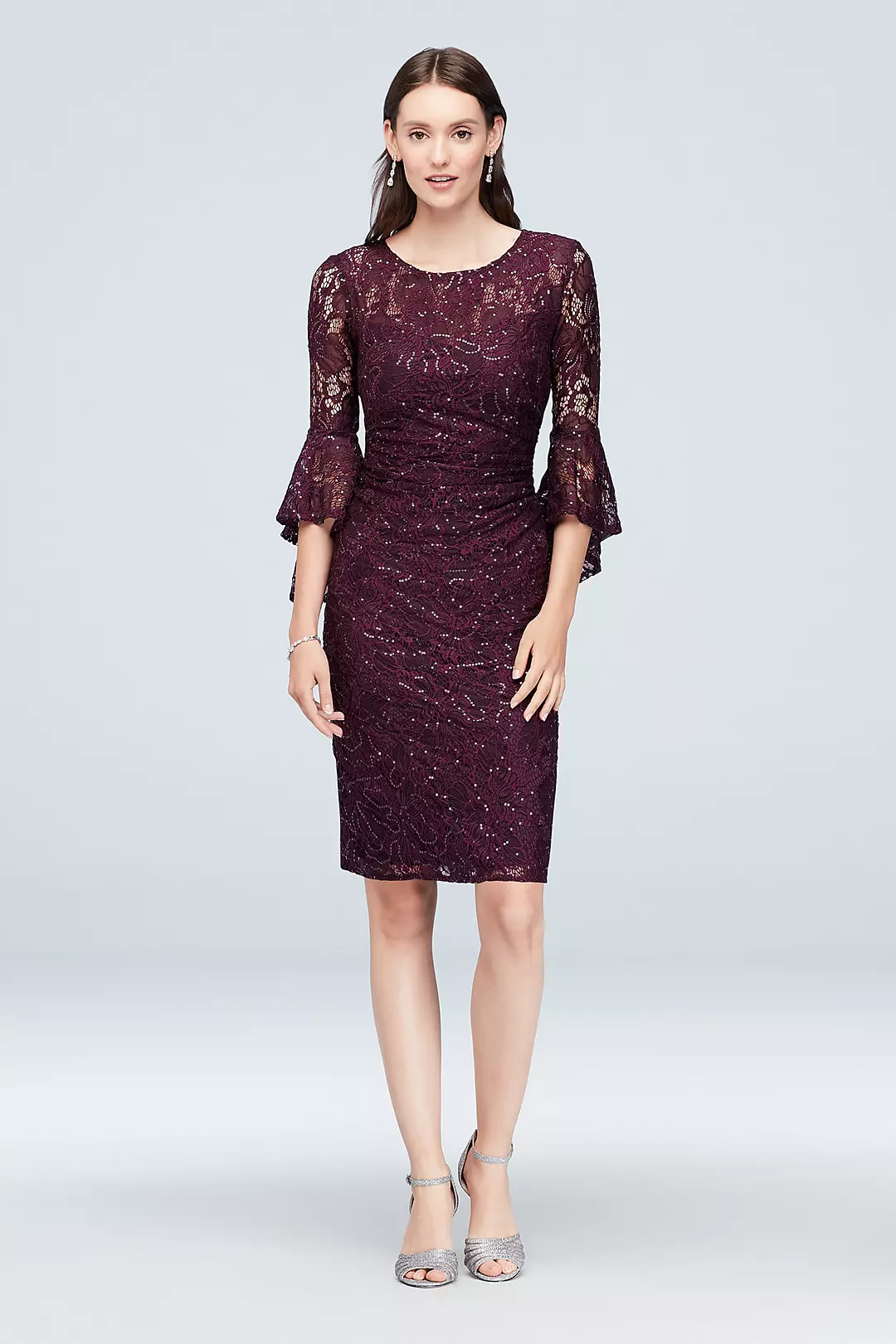 Draped Bell Sleeve Glitter Lace Cocktail Dress Image