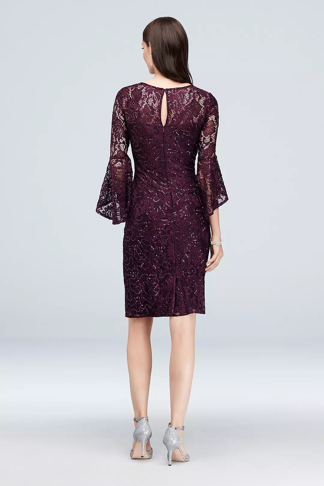 Draped Bell Sleeve Glitter Lace Cocktail Dress Image 2