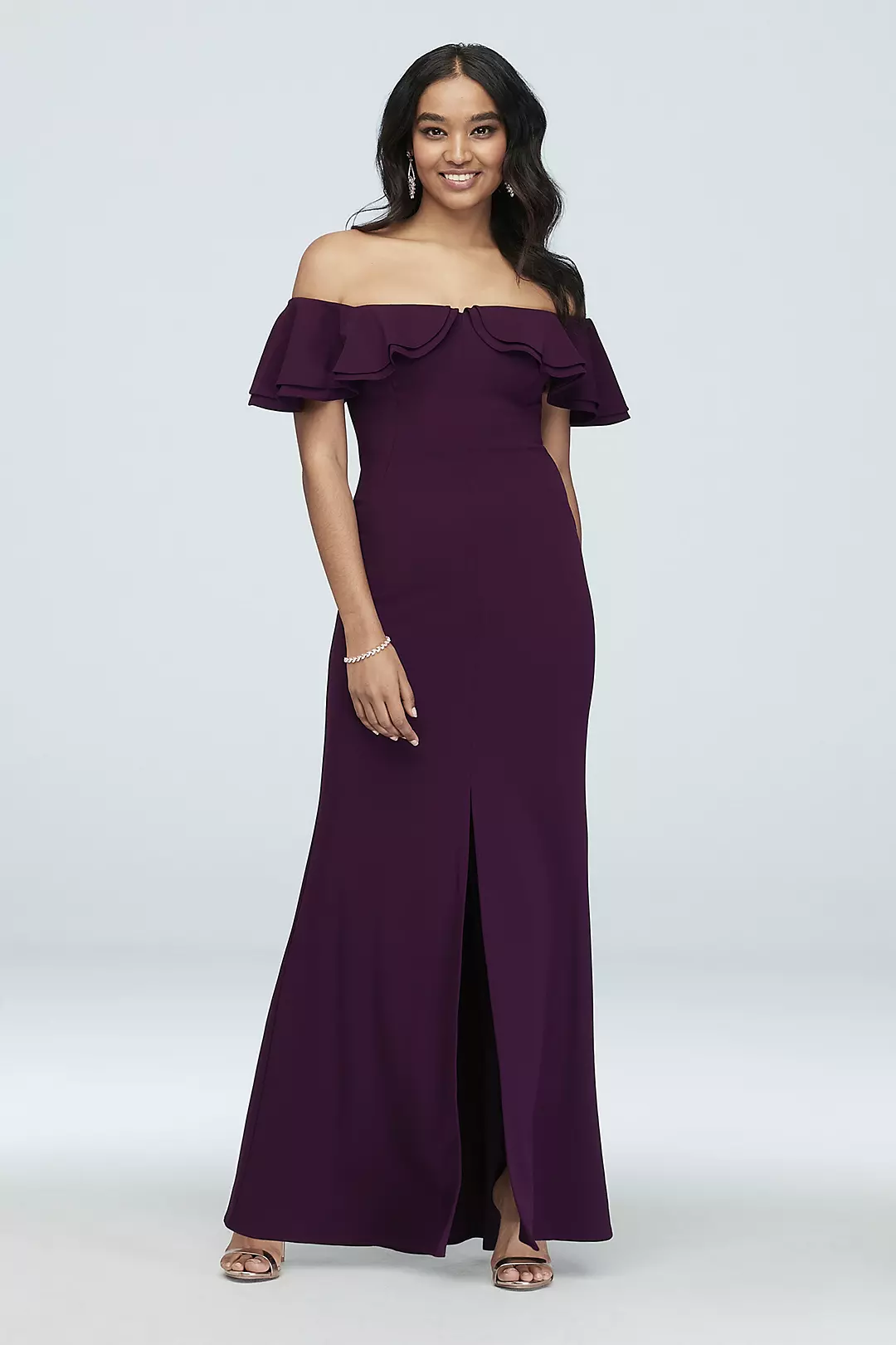 Tiered Flounce Off-the-Shoulder Crepe Gown | David's Bridal