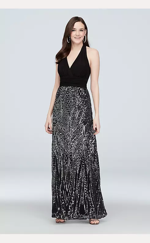 Stretch Halter A-Line Gown with Sequin Skirt Image 1