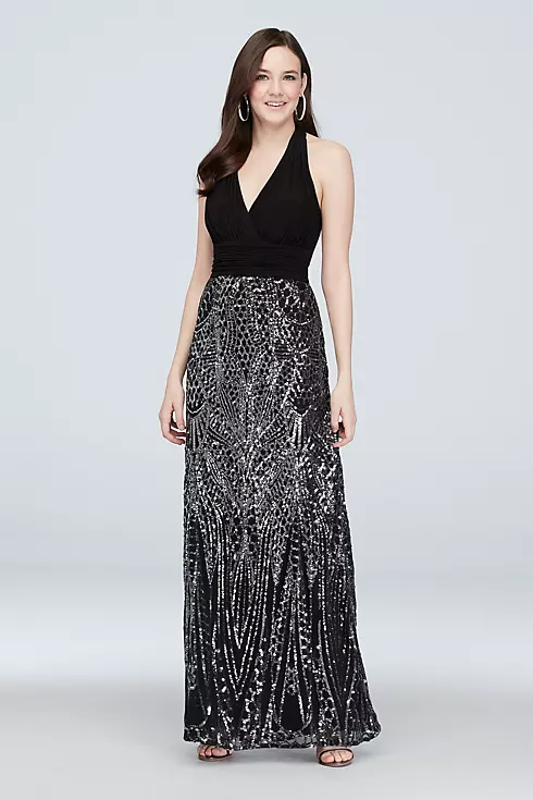 Stretch Halter A-Line Gown with Sequin Skirt Image 1