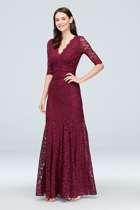 V-Neck Ruched Lace Mermaid Gown with 3/4 Sleeves Image 1