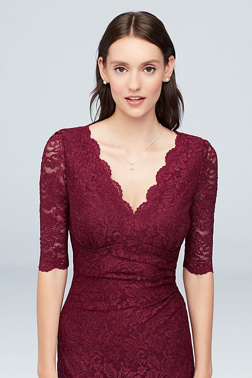 V-Neck Ruched Lace Mermaid Gown with 3/4 Sleeves Image 3