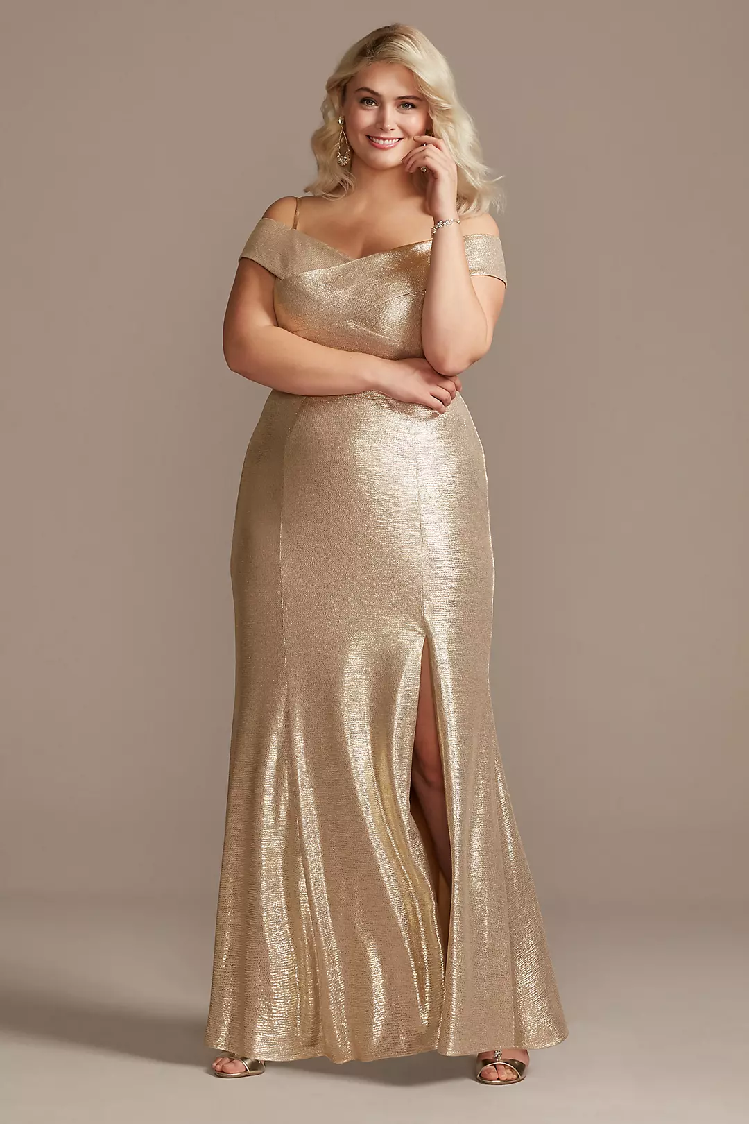 Metallic Off-the-Shoulder Seamed Gown with Slit Image