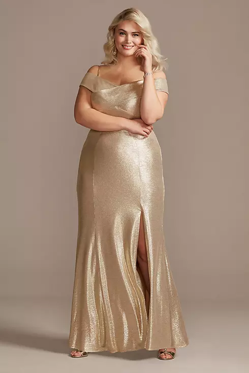 Metallic Off-the-Shoulder Seamed Gown with Slit Image 1